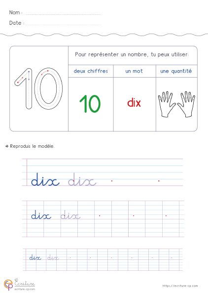 Nombres de 0 à 10 en lettres : 11 fiches en cursive — GS · CP · CE1 — aperçu 3