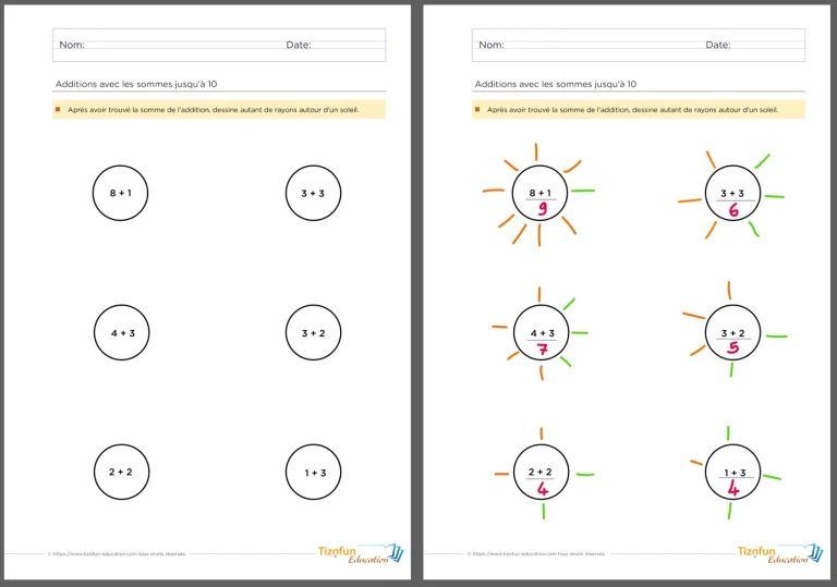 Fiche d'addition avec des rayons de soleil pour la maternelle et CP