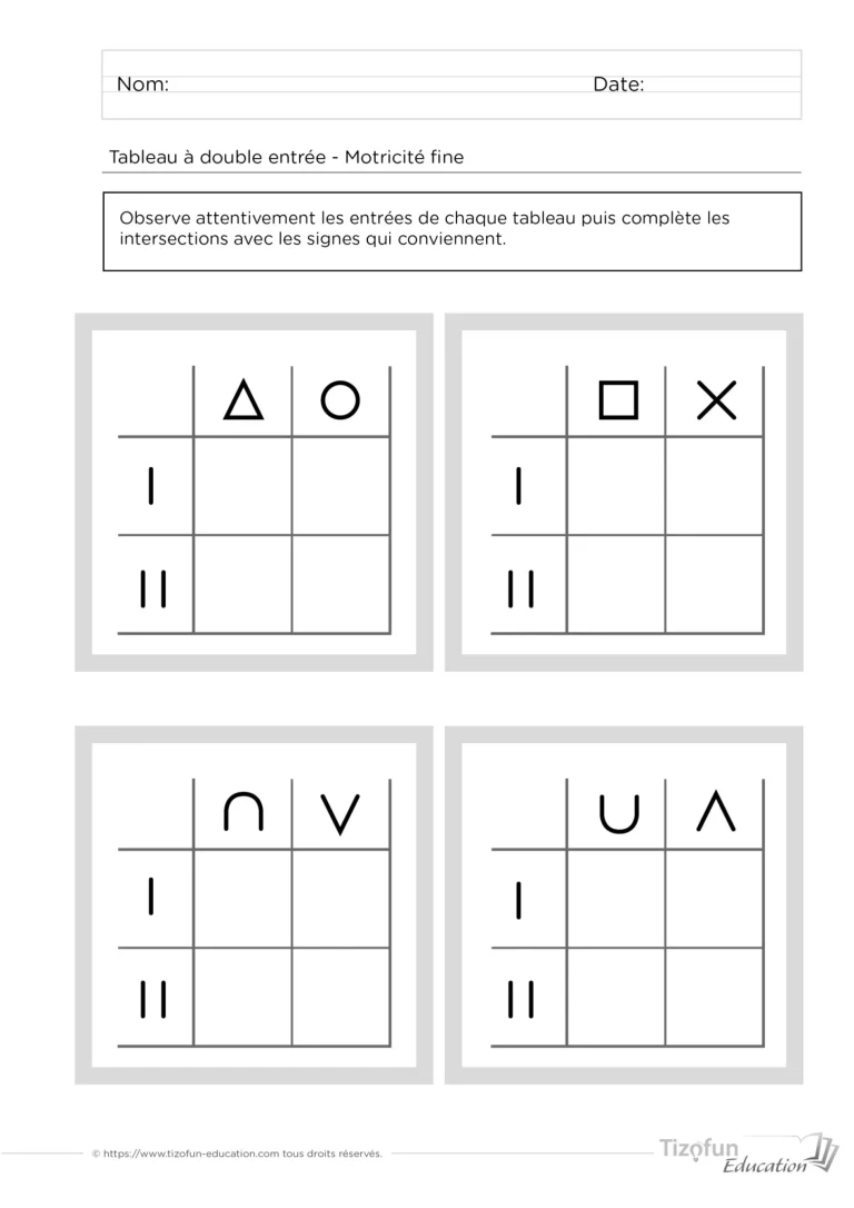 Exercices pour reproduire les signes graphiques dans un tableau à double entrée