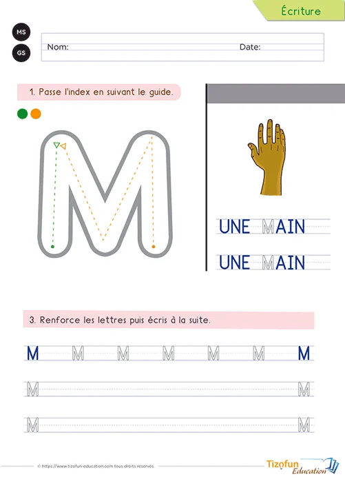 Exercice d'écriture Maternelle CP - Capitales d'imprimerie - lettre M