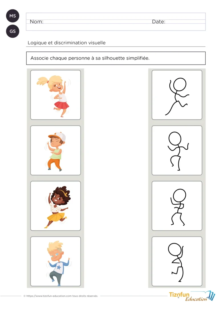 Fiche d'activité de discrimination visuelle pour enfants - faire correspondre chacun des enfants qui danse à sa silhouette schématisée