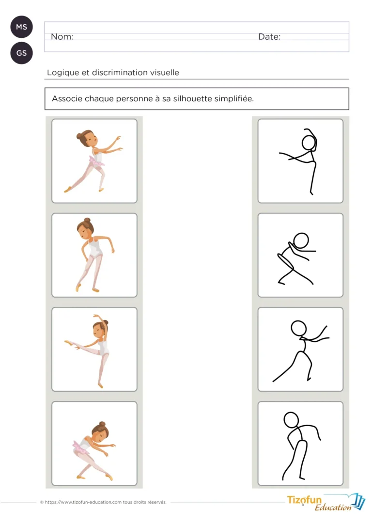 Activité pour faire correspondre une image à sa silhouette schématisée - Exercice discrimination visuelle pour enfants