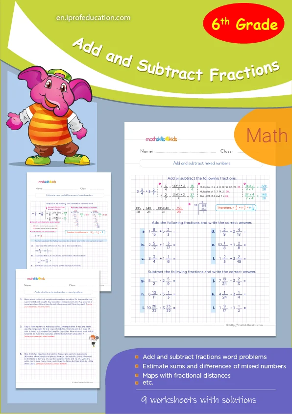 Grade 6 Adding and subtracting fraction worksheets with solutions