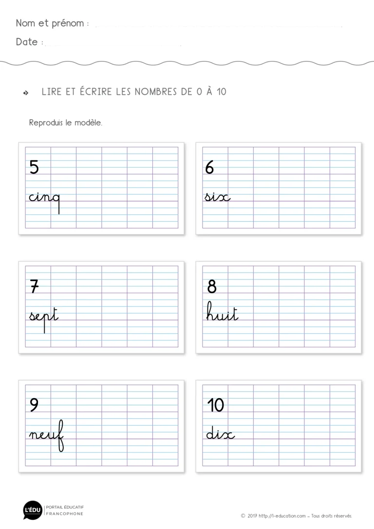 fiche maternelle pour apprendre à écrire les nombres jusqu'à 10 en lettres