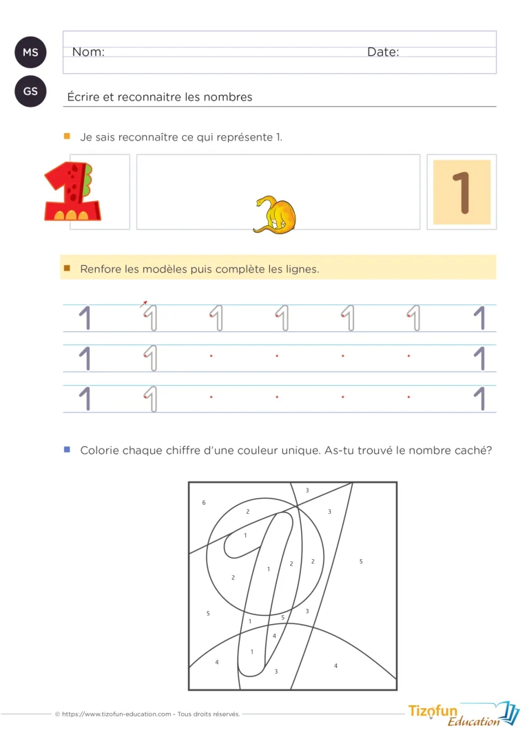 Chiffres de 1 à 9 : 18 fiches pour écrire, dont 9 coloriages — MS · GS — aperçu 1