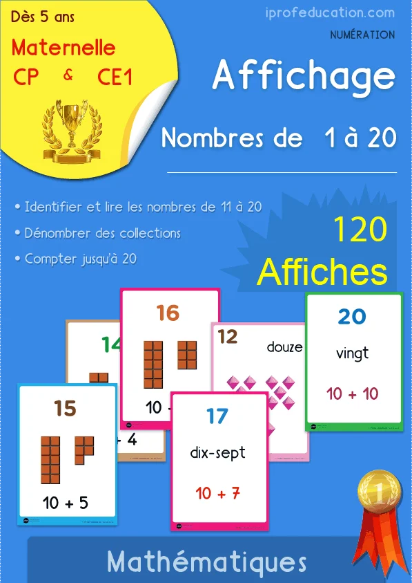 Affichage des nombres de 1 à 20 : 120 affiches, dizaines et unités — GS · CP · CE1