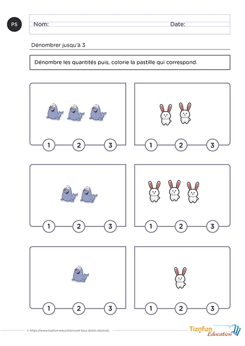 Dénombrer jusqu'à 3 : 18 fiches pour la Petite Section — PS — aperçu 1