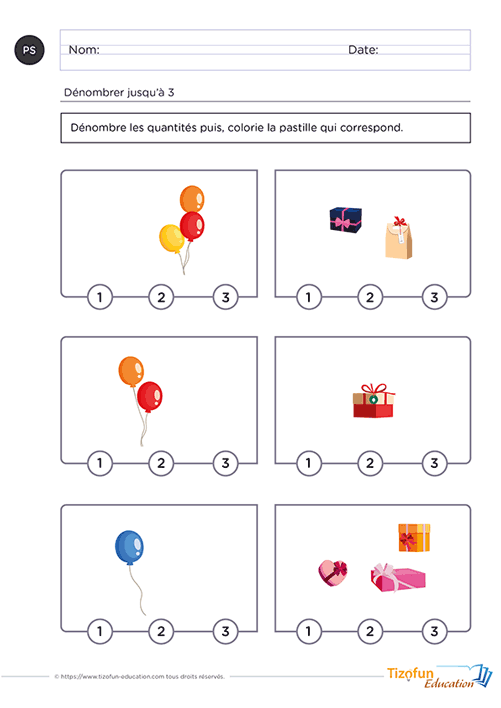 Les nombres de 1 à 3 : dénombrer
