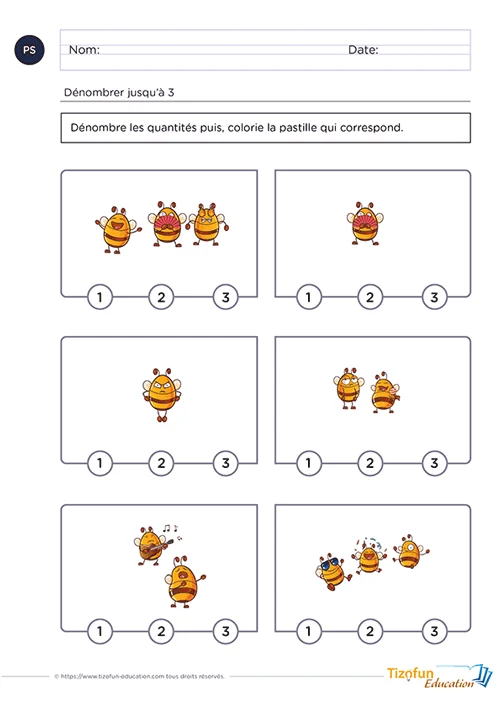 Dénombrer jusqu'à 3 : 18 fiches pour la Petite Section — PS — aperçu 2