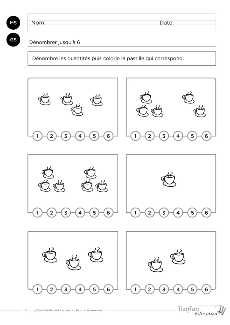Dénombrer jusqu'à 6 : 36 fiches couleur et noir et blanc — MS · GS — aperçu 2