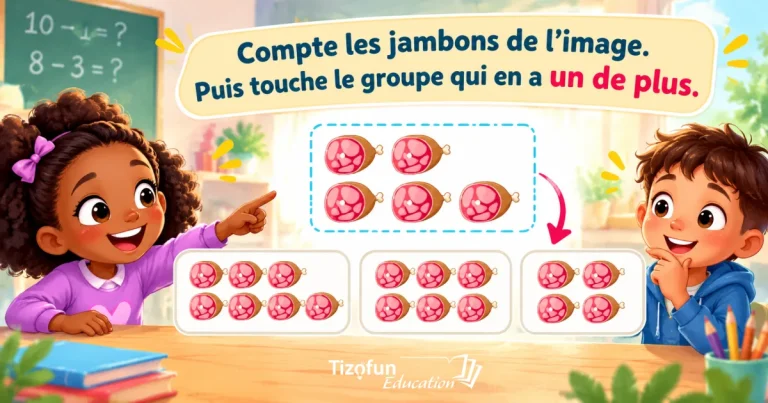 Compte les jambons, puis choisis le groupe qui en a un de plus : une fille montre du doigt un groupe de cinq jambons, un garçon réfléchit devant trois groupes au choix.