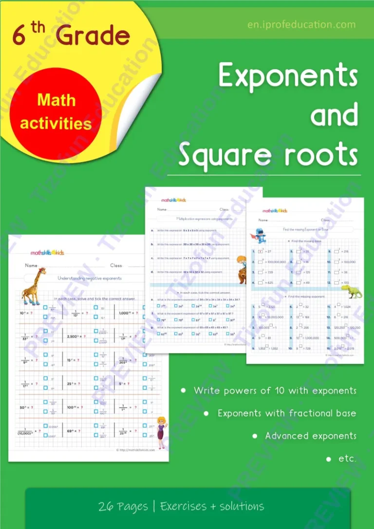 Preview 1 — Grade 6 Exponents and square-roots worksheets with solutions