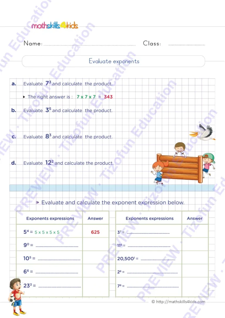 Preview 3 — Grade 6 Exponents and square-roots worksheets with solutions