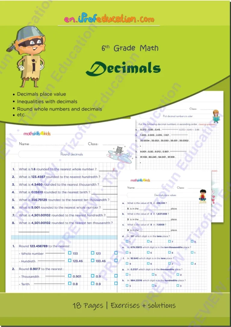 Preview 1 — Grade 6 Decimals worksheets with solutions