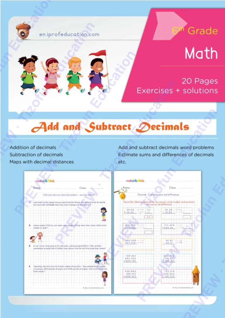 Preview 1 — Grade 6 Adding and subtracting decimals worksheets with solutions