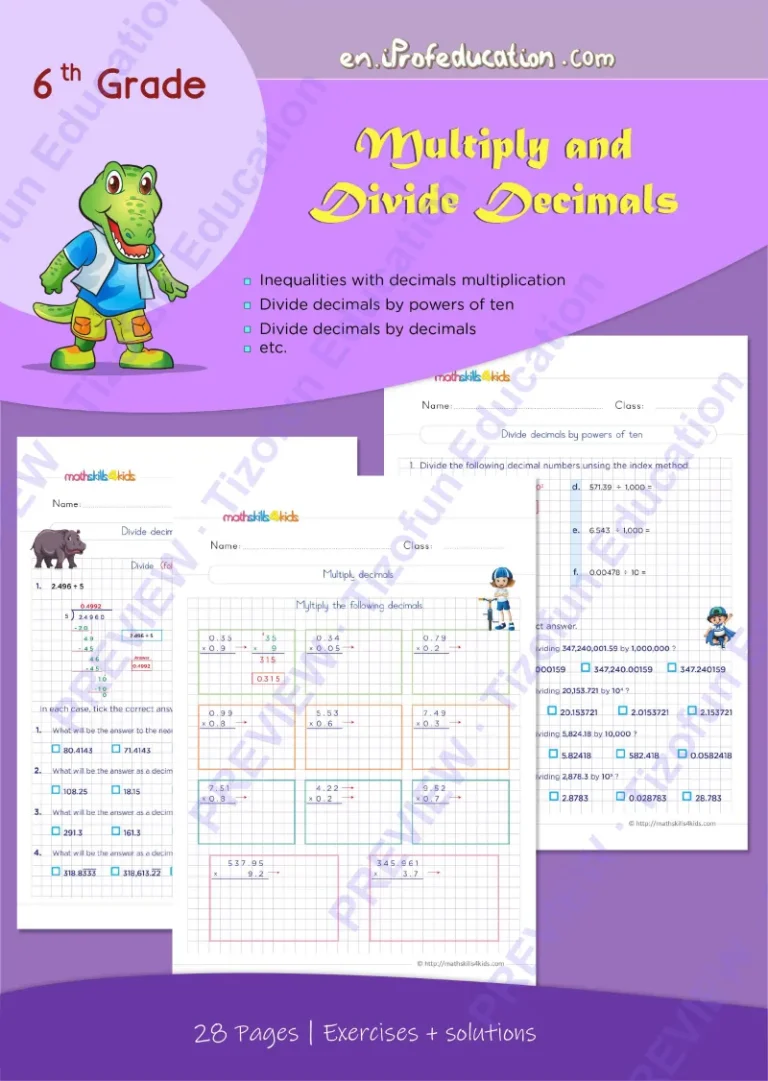 Preview 1 — Grade 6 Multiplying and dividing decimals worksheets with solutions