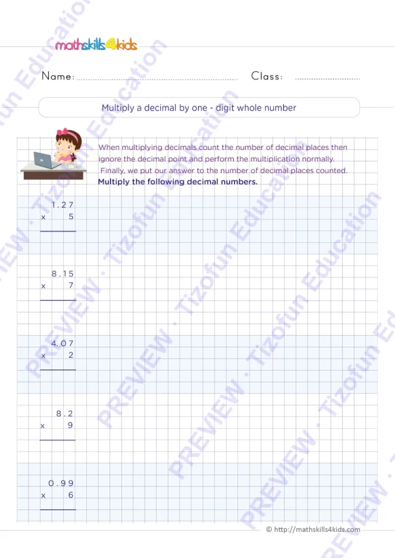 Preview 2 — Grade 6 Multiplying and dividing decimals worksheets with solutions