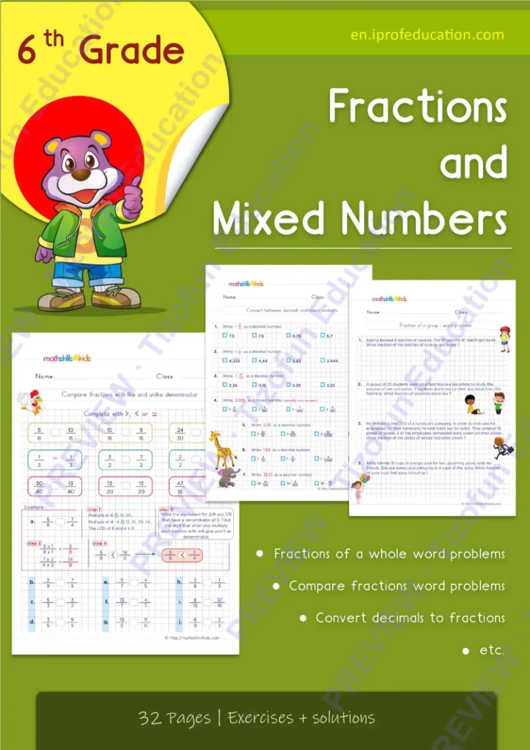 Preview 1 — Grade 6 Fraction and mixed numbers worksheets with solutions