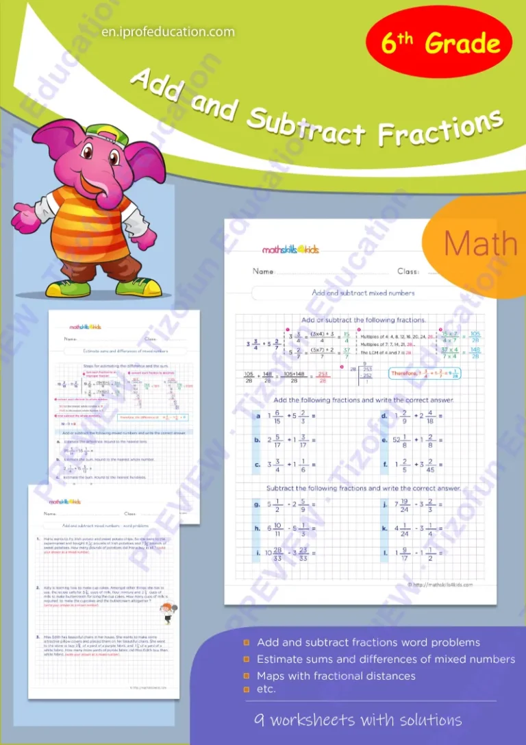 Preview 1 — Grade 6 Adding and subtracting fraction worksheets with solutions