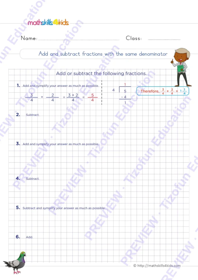 Preview 2 — Grade 6 Adding and subtracting fraction worksheets with solutions
