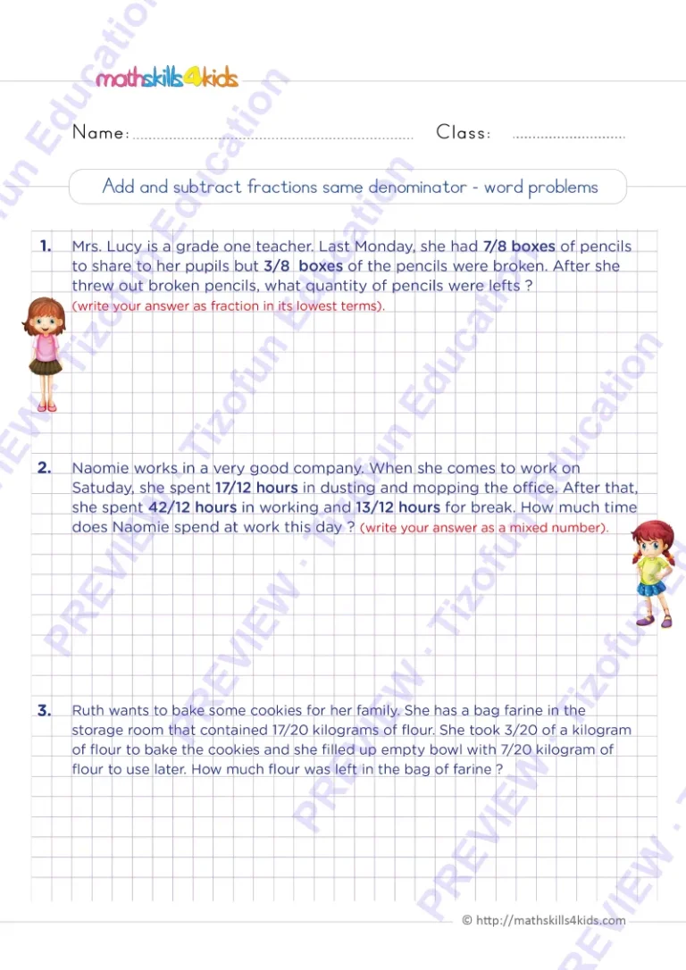 Preview 3 — Grade 6 Adding and subtracting fraction worksheets with solutions