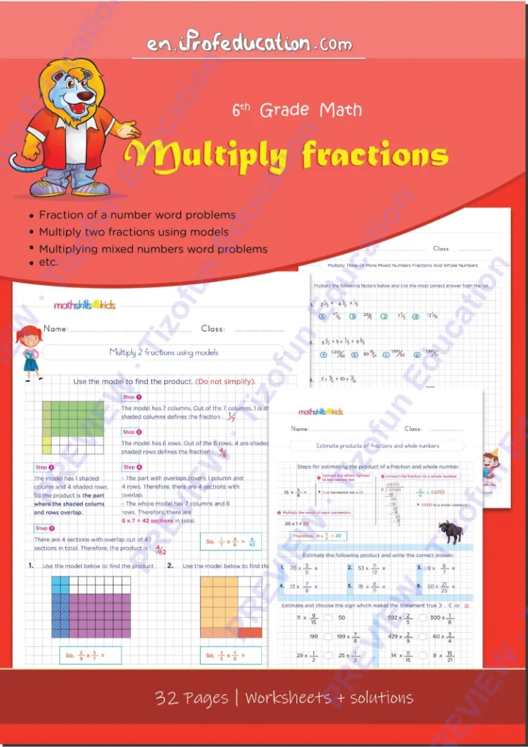 Preview 1 — Grade 6 Multiplying fraction worksheets with solutions