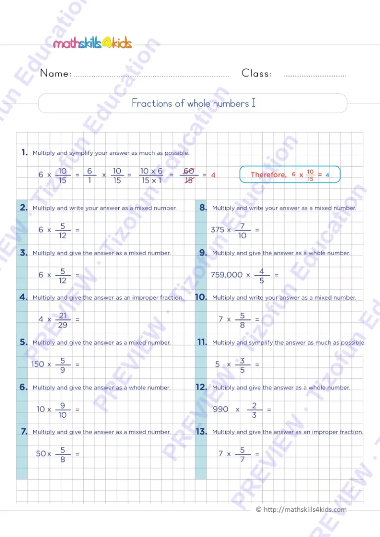 Preview 2 — Grade 6 Multiplying fraction worksheets with solutions