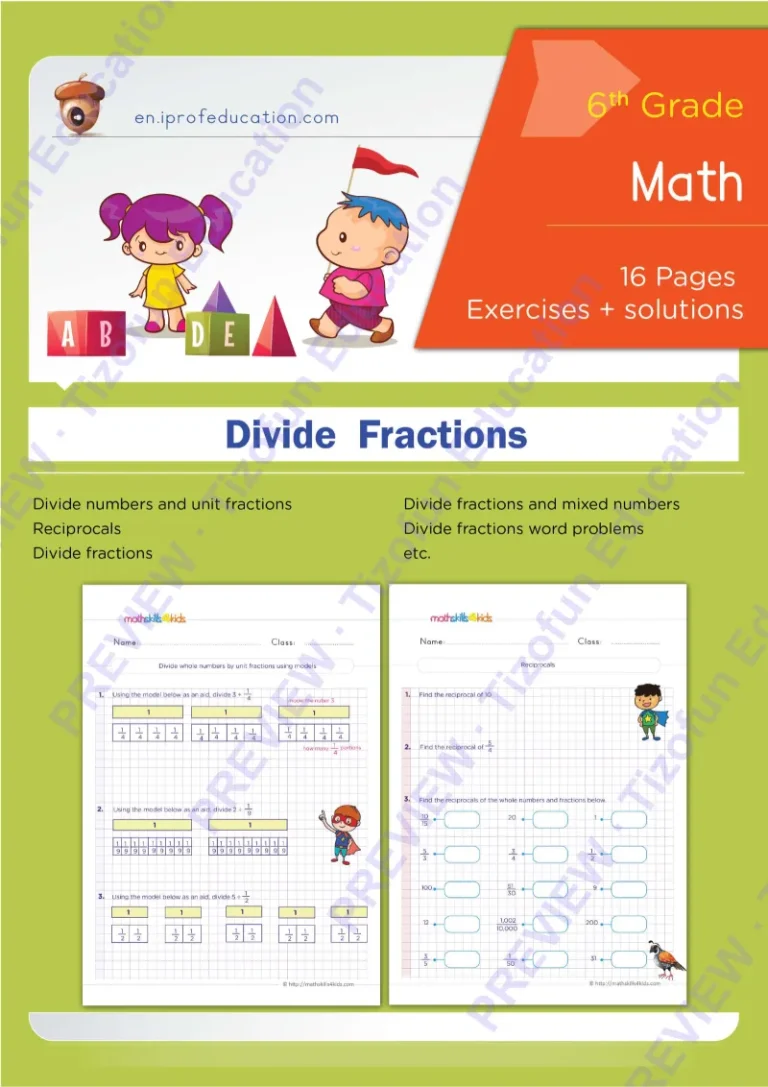 Preview 1 — Grade 6 Dividing fraction worksheets with solutions