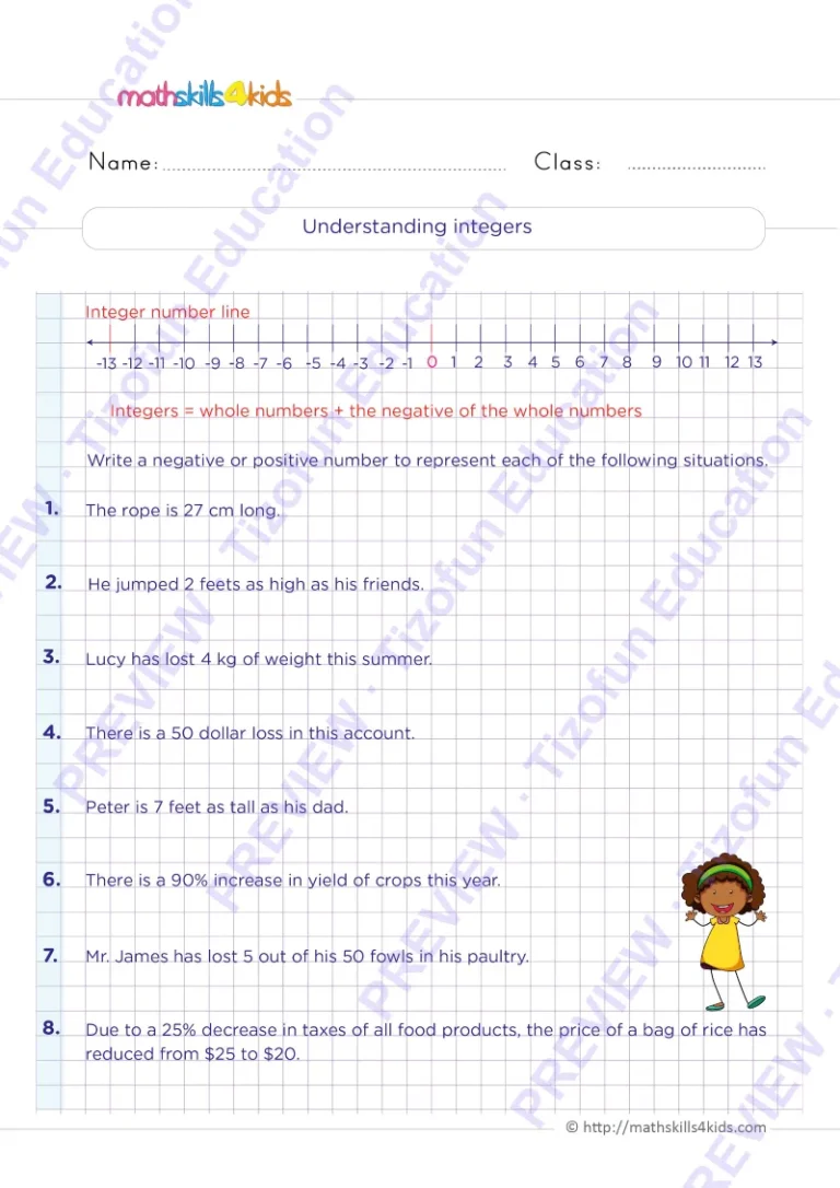 Preview 2 — Grade 6 Integers worksheets with solutions