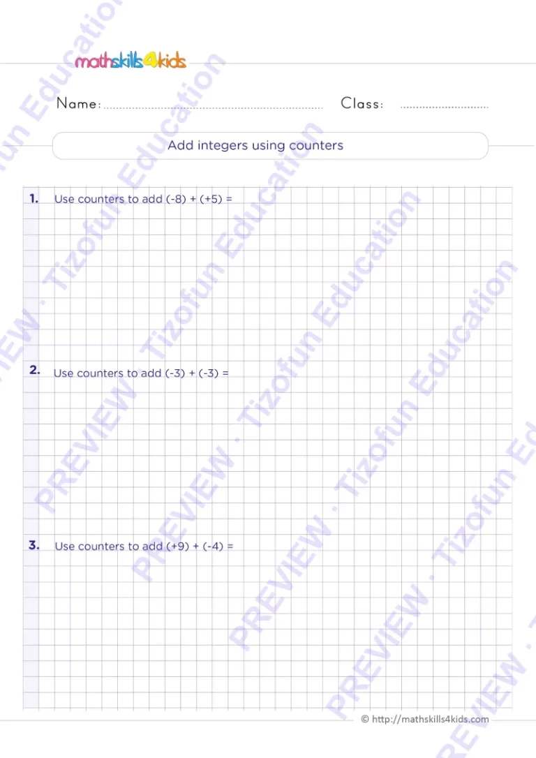 Preview 2 — Grade 6 Operations with integers worksheets with solutions