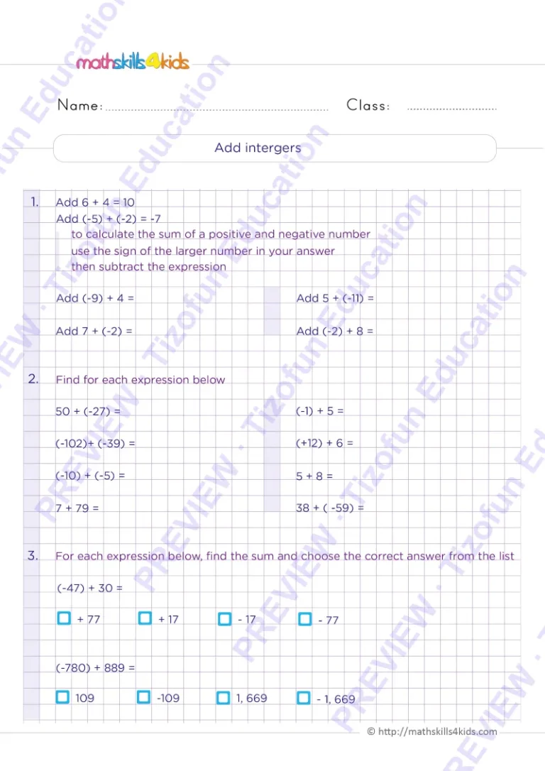 Preview 3 — Grade 6 Operations with integers worksheets with solutions