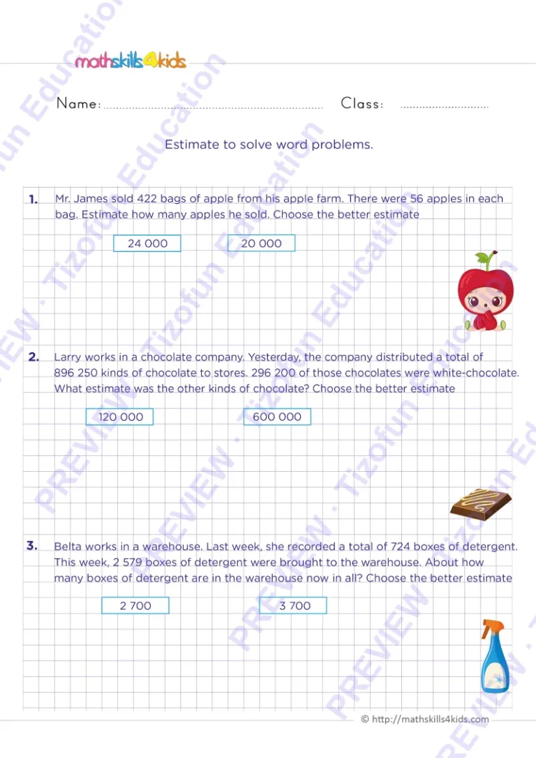 Preview 2 — Grade 6 Problems solving and estimation worksheets with solutions