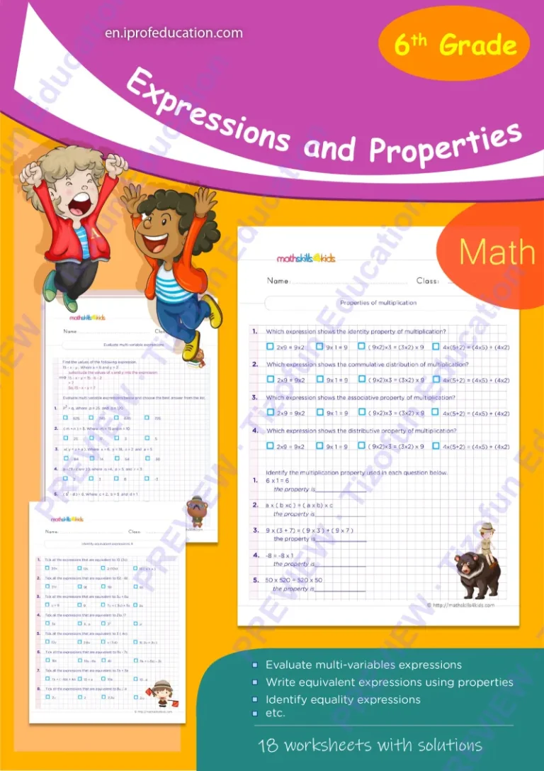 Preview 1 — Grade 6 Expressions and properties worksheets with solutions