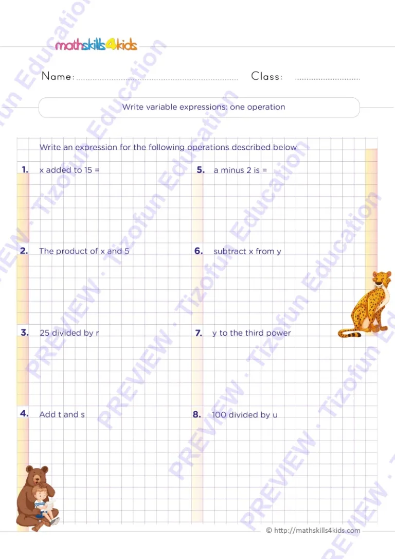 Preview 2 — Grade 6 Expressions and properties worksheets with solutions