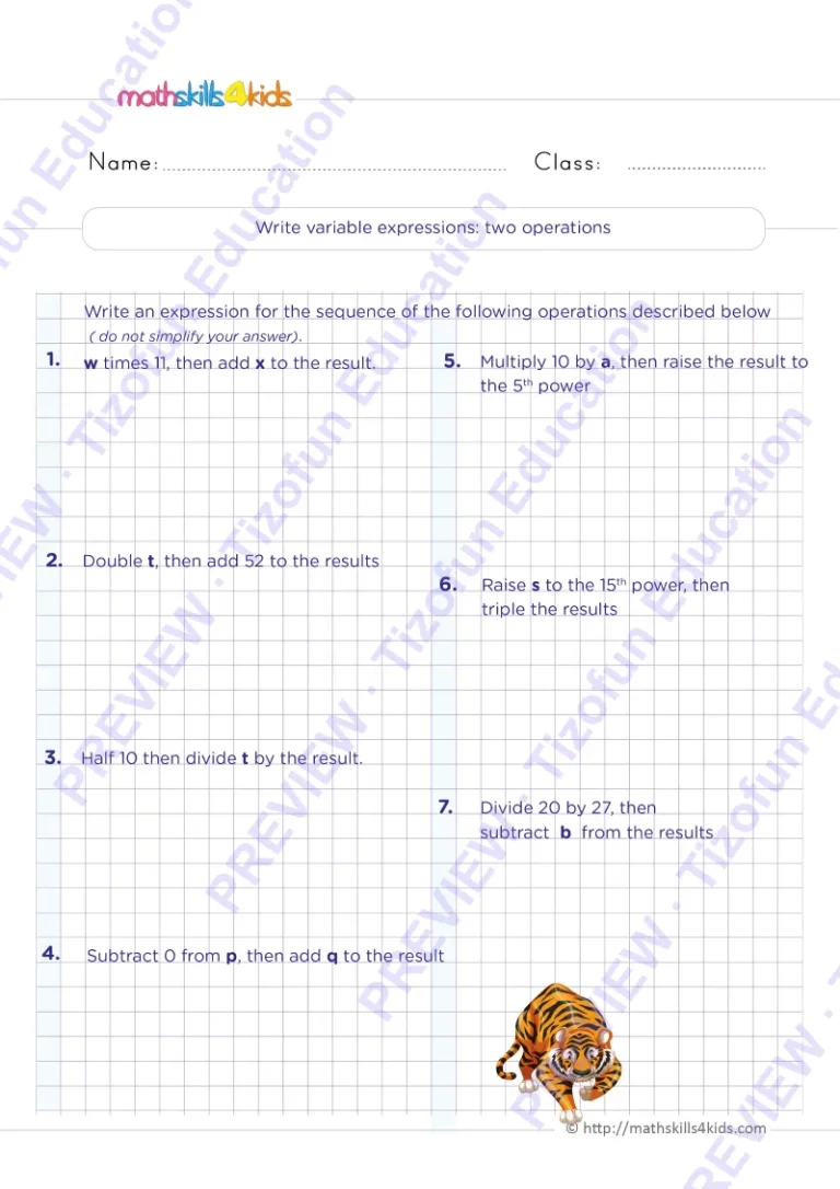 Preview 3 — Grade 6 Expressions and properties worksheets with solutions