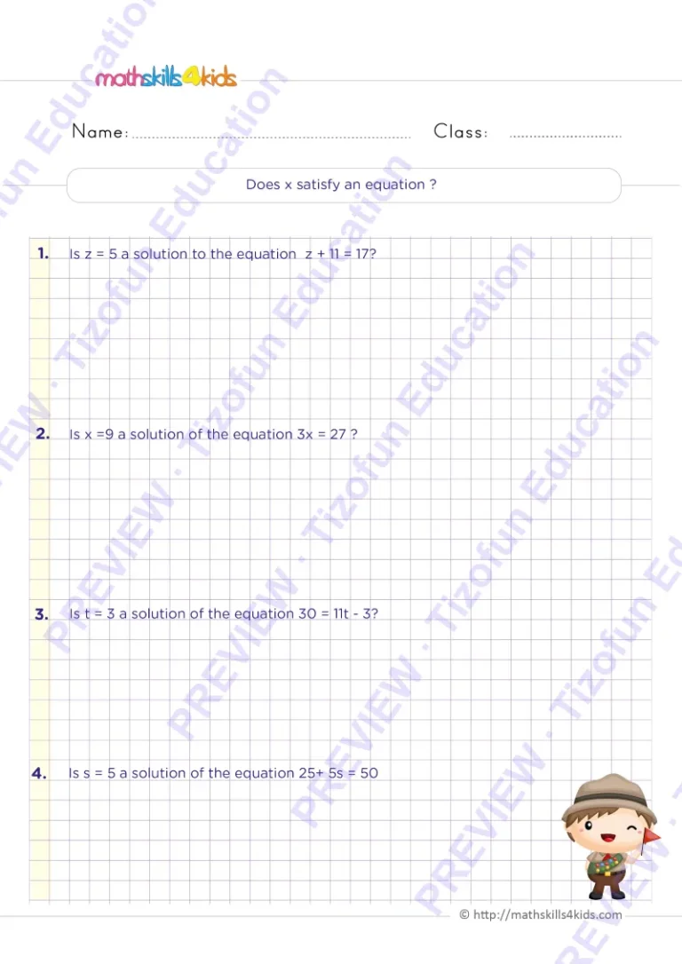 Preview 1 — Grade 6 One Variable Equation worksheets with solutions