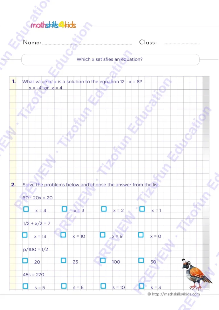 Preview 2 — Grade 6 One Variable Equation worksheets with solutions