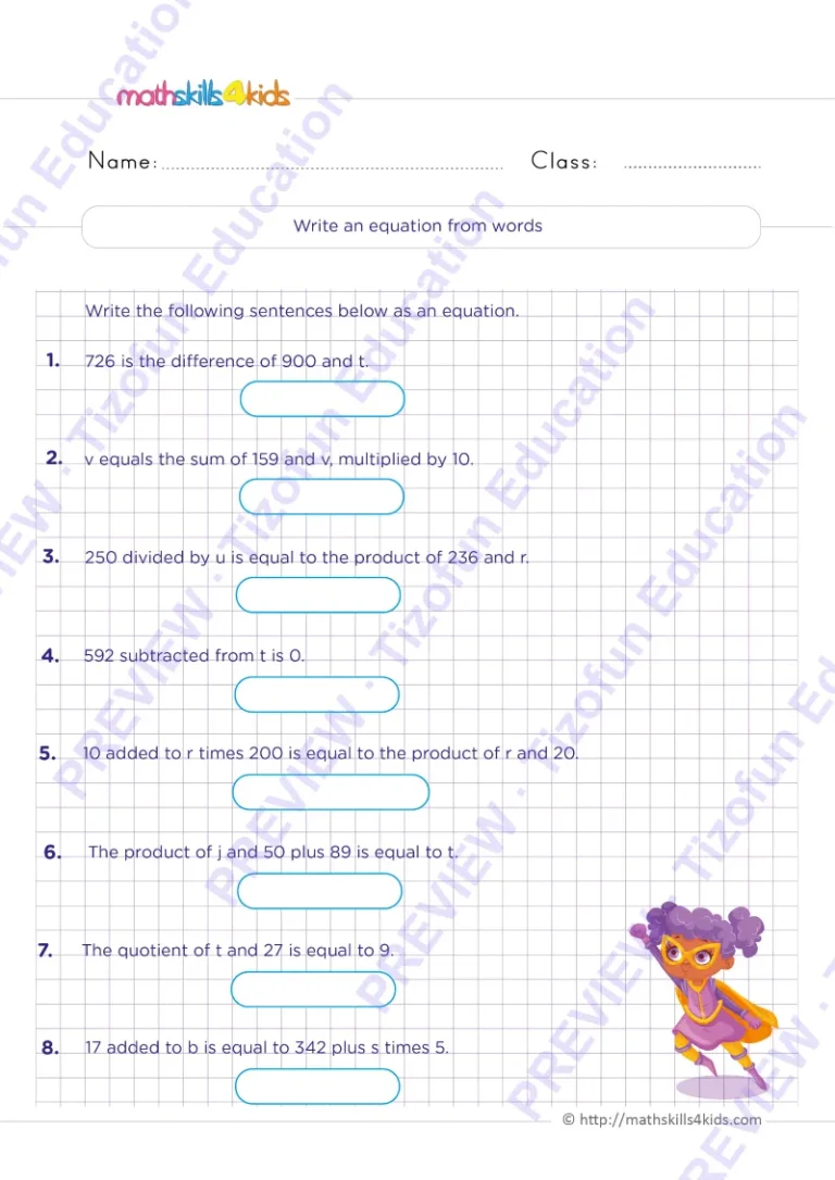 Preview 3 — Grade 6 One Variable Equation worksheets with solutions