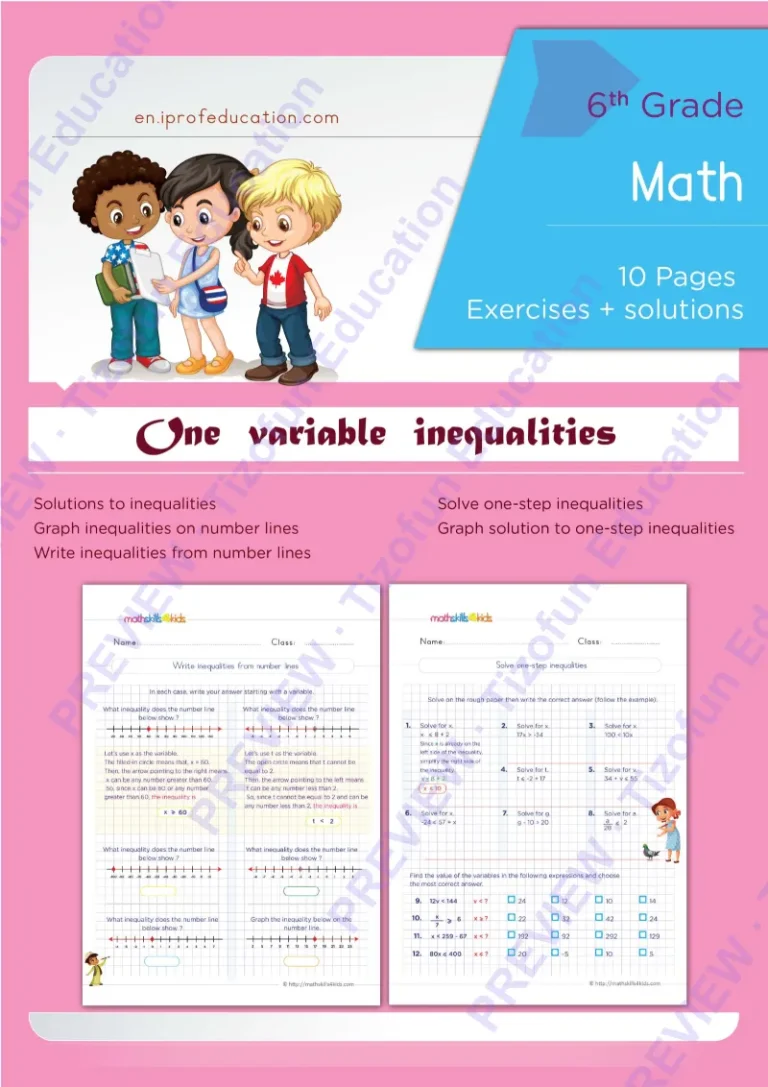 Preview 1 — Grade 6 One Variable Inequalities worksheets with solutions