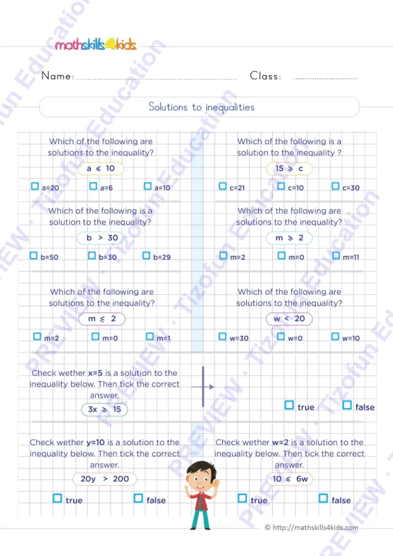 Preview 2 — Grade 6 One Variable Inequalities worksheets with solutions
