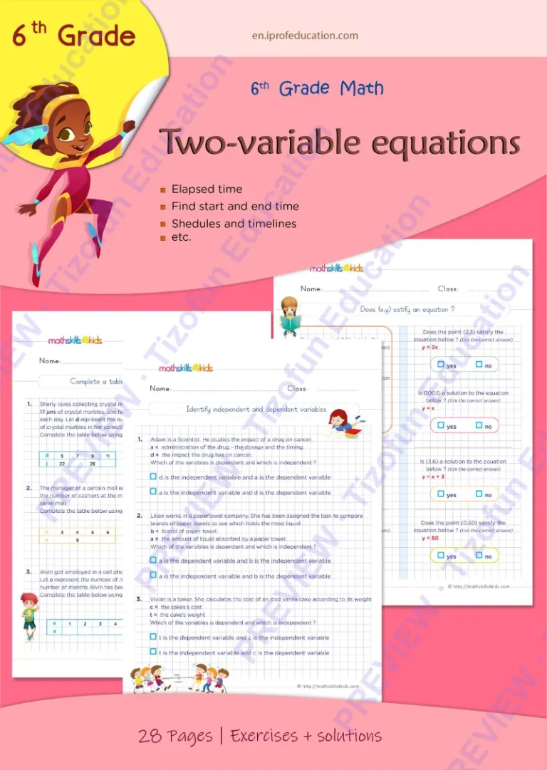 Preview 1 — Grade 6 Two-variable equations worksheets with solutions