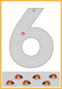 Lacer le chiffre 6 en PS : la longue courbe et six coccinelles