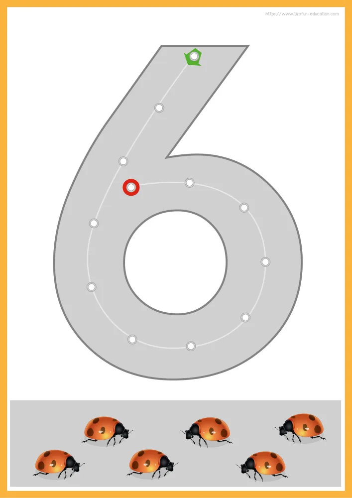 Aperçu de la carte à lacer le chiffre 6, cadre orange, pastilles verte et rouge, bande à six coccinelles.