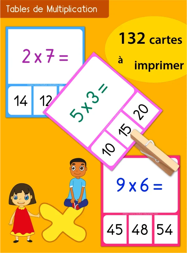 Jeu memory des tables de 2 à 12 : 132 cartes à pincer — CE1 à CM2