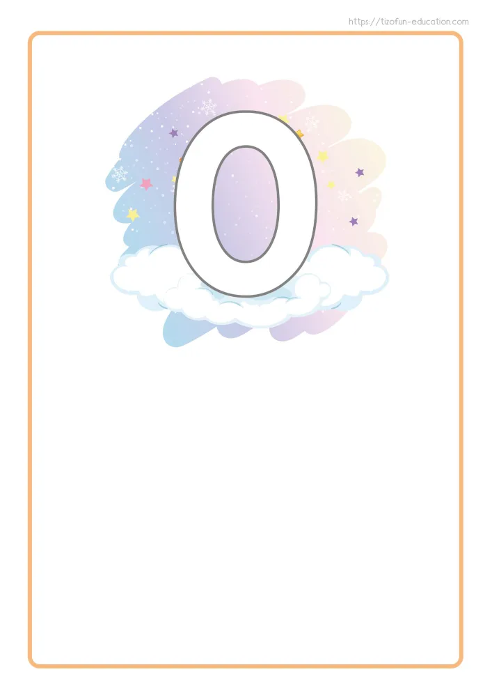 Aperçu de la carte-support du chiffre 0, cadre orange, nuage étoilé et large espace blanc laissé libre en bas.