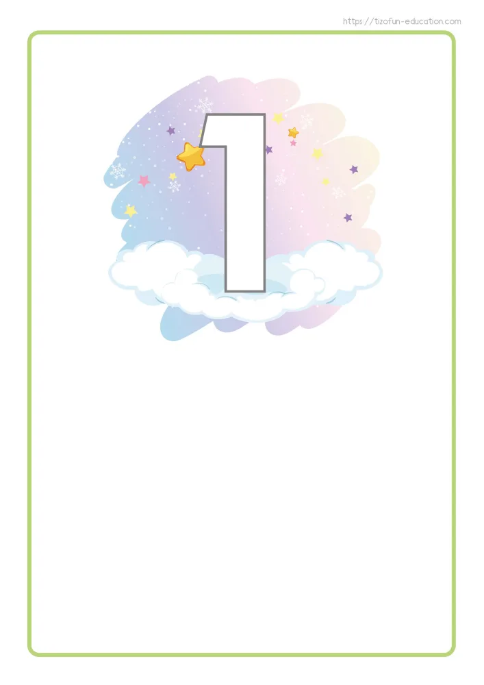 Aperçu de la carte-support du chiffre 1, cadre vert clair, nuage étoilé et grande zone blanche à remplir.