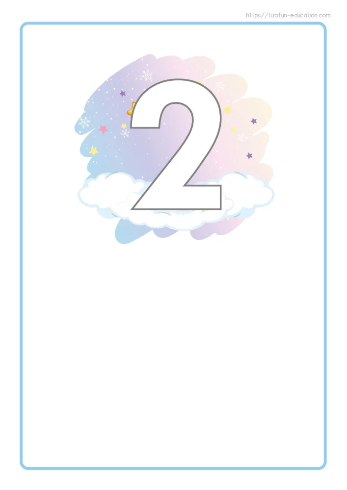 Aperçu de la carte-support du chiffre 2, cadre bleu clair, vignette aquarellée et zone blanche pour le collage.