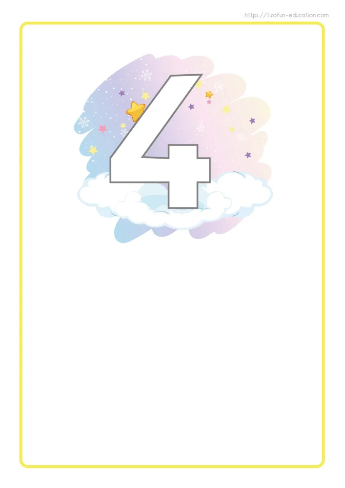 Aperçu de la carte-support du chiffre 4, cadre jaune, étoile dorée contre la pente et zone blanche libre.