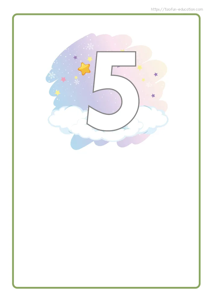 Aperçu de la carte-support du chiffre 5, cadre vert foncé, étoile dorée et grande zone blanche pour le collage.