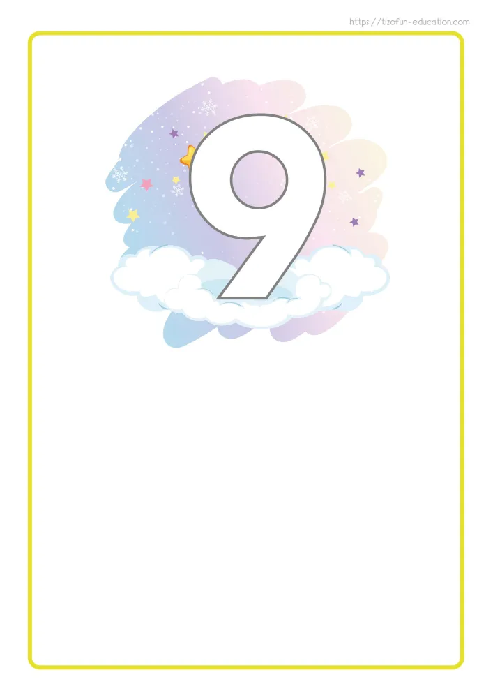 Aperçu de la carte-support du chiffre 9, cadre jaune vif, anneau supérieur et grande zone blanche à remplir.